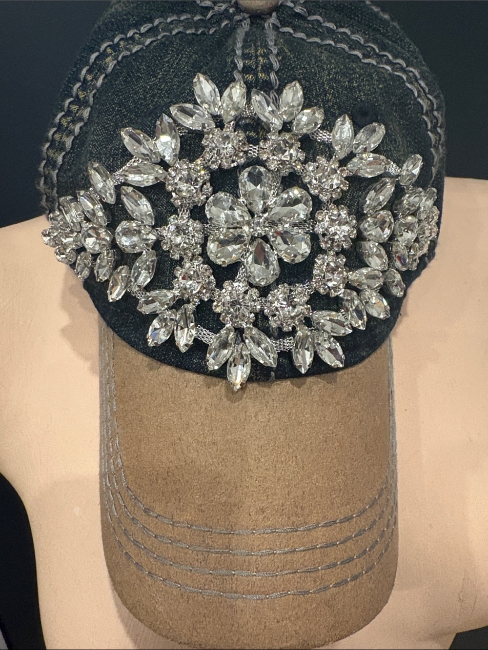622. Embellished Crystal Flower Baseball Cap - Black and Tan